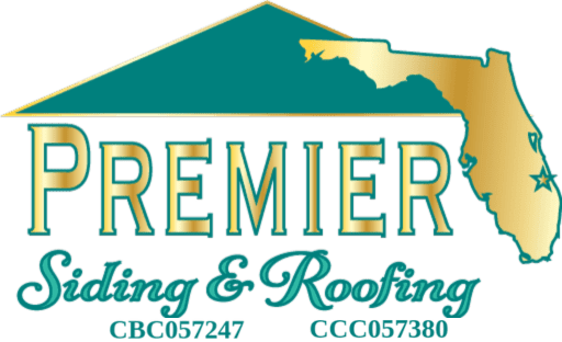 Logo for Premier Siding & Roofing with a stylized house and Florida state outline, featuring license numbers CBC057247 and CCC057380.